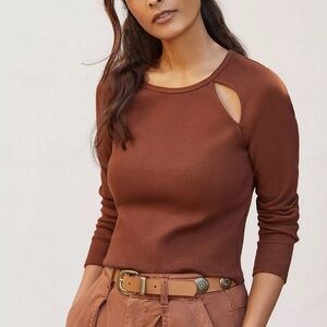 Anthropologie Maeve Brown Ribbed Cut-Out Top Size: Small